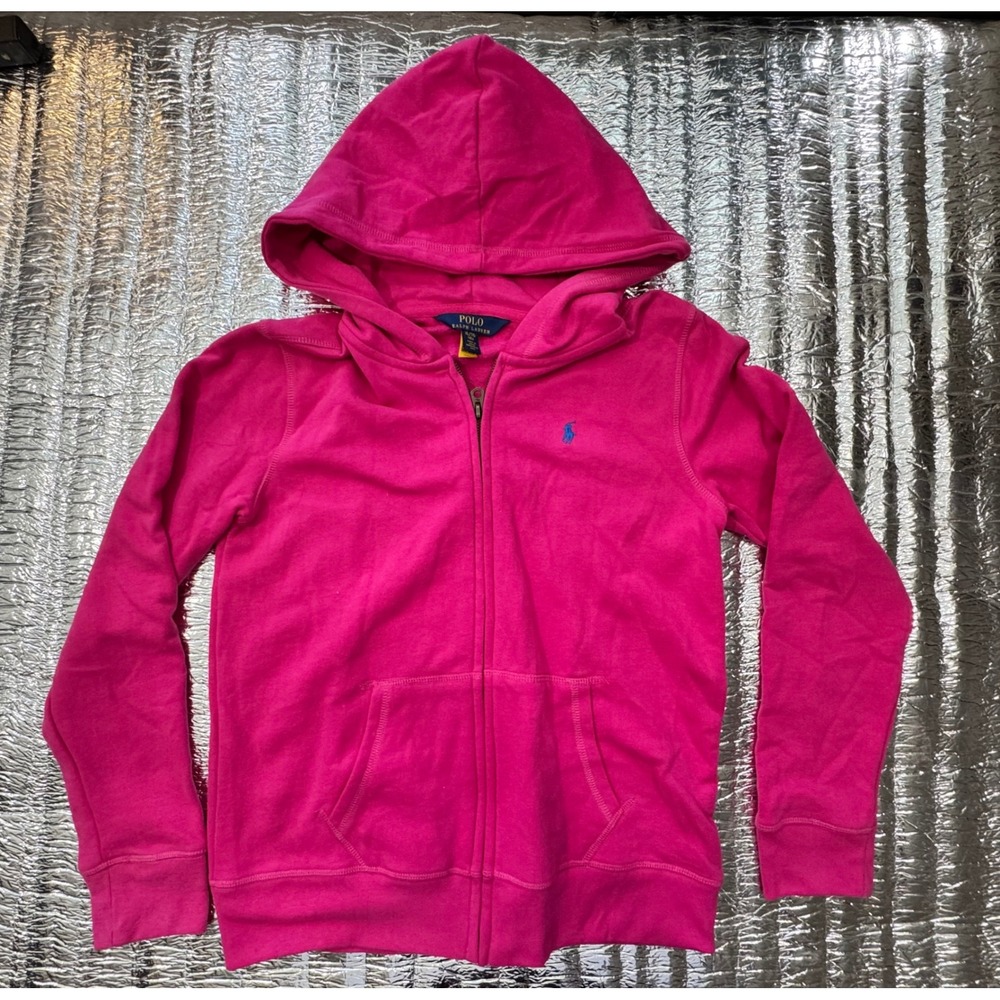 Polo Ralph Lauren Girls Pink Full Zip Hoodie Sweatshirt XL 16 Blue Pony Logo